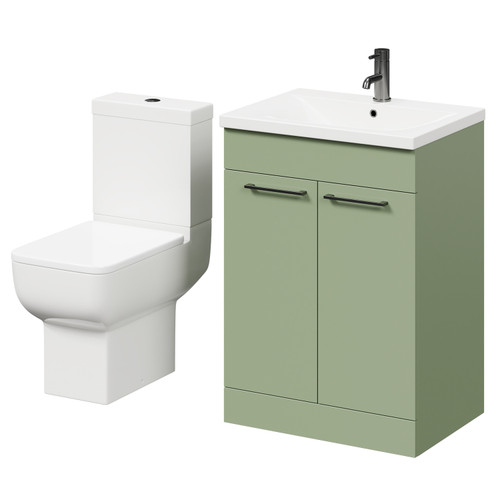 Alessio Olive Green 600mm Vanity Unit and Toilet Suite including Open Back Toilet and Floor Standing Vanity Unit with 2 Doors and Gunmetal Grey Handles Right Hand View