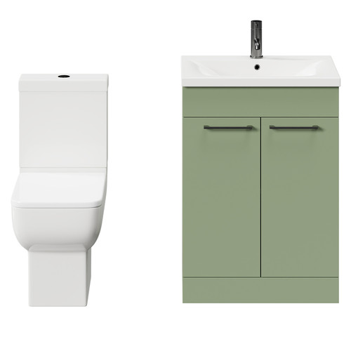 Alessio Olive Green 600mm Vanity Unit and Toilet Suite including Open Back Toilet and Floor Standing Vanity Unit with 2 Doors and Gunmetal Grey Handles Front View