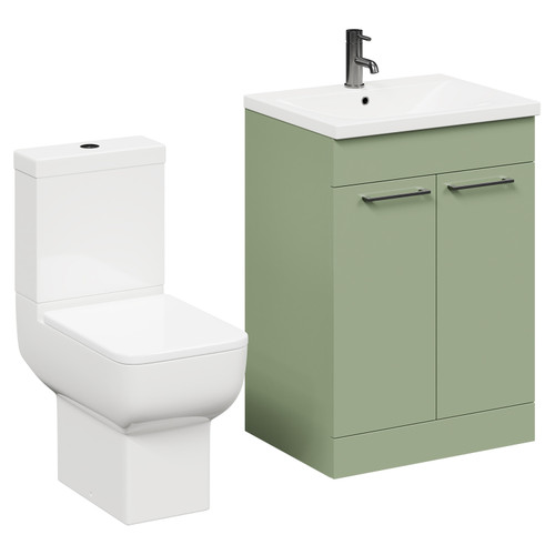 Alessio Olive Green 600mm Vanity Unit and Toilet Suite including Open Back Toilet and Floor Standing Vanity Unit with 2 Doors and Gunmetal Grey Handles Left Hand View