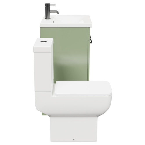 Alessio Olive Green 600mm Vanity Unit and Toilet Suite including Open Back Toilet and Floor Standing Vanity Unit with 2 Doors and Gunmetal Grey Handles Side View