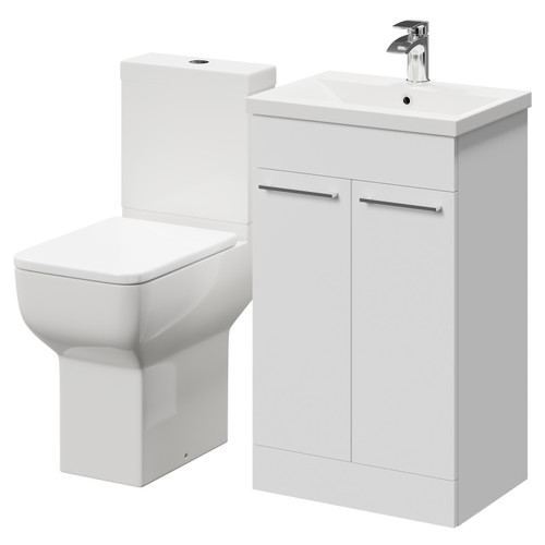 Alessio Gloss White 500mm Vanity Unit and Toilet Suite including Comfort Height Toilet and Floor Standing Vanity Unit with 2 Doors and Polished Chrome Handles Right Hand View