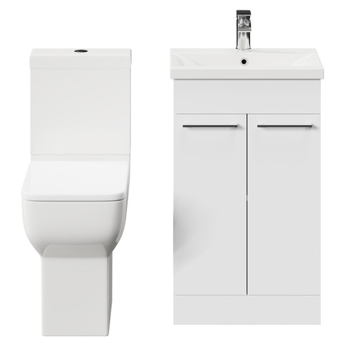 Alessio Gloss White 500mm Vanity Unit and Toilet Suite including Comfort Height Toilet and Floor Standing Vanity Unit with 2 Doors and Polished Chrome Handles Front View