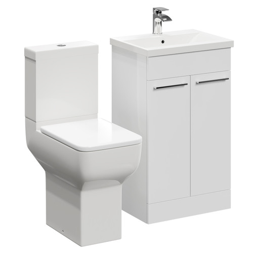 Alessio Gloss White 500mm Vanity Unit and Toilet Suite including Comfort Height Toilet and Floor Standing Vanity Unit with 2 Doors and Polished Chrome Handles Left Hand View
