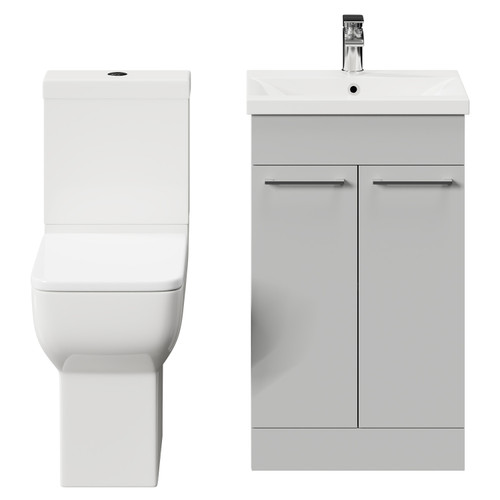 Alessio Gloss Grey Pearl 500mm Vanity Unit and Toilet Suite including Comfort Height Toilet and Floor Standing Vanity Unit with 2 Doors and Polished Chrome Handles Front View