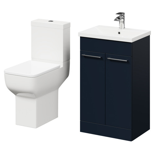 Alessio Deep Blue 500mm Vanity Unit and Toilet Suite including Comfort Height Toilet and Floor Standing Vanity Unit with 2 Doors and Polished Chrome Handles Right Hand View