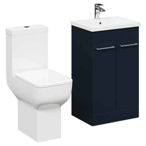 Alessio Deep Blue 500mm Vanity Unit and Toilet Suite including Comfort Height Toilet and Floor Standing Vanity Unit with 2 Doors and Polished Chrome Handles Left Hand View