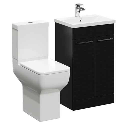 Alessio Nero Oak 500mm Vanity Unit and Toilet Suite including Comfort Height Toilet and Floor Standing Vanity Unit with 2 Doors and Polished Chrome Handles Left Hand View