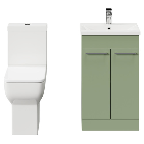 Alessio Olive Green 500mm Vanity Unit and Toilet Suite including Comfort Height Toilet and Floor Standing Vanity Unit with 2 Doors and Polished Chrome Handles Front View