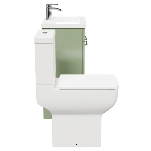 Alessio Olive Green 500mm Vanity Unit and Toilet Suite including Comfort Height Toilet and Floor Standing Vanity Unit with 2 Doors and Polished Chrome Handles Side View