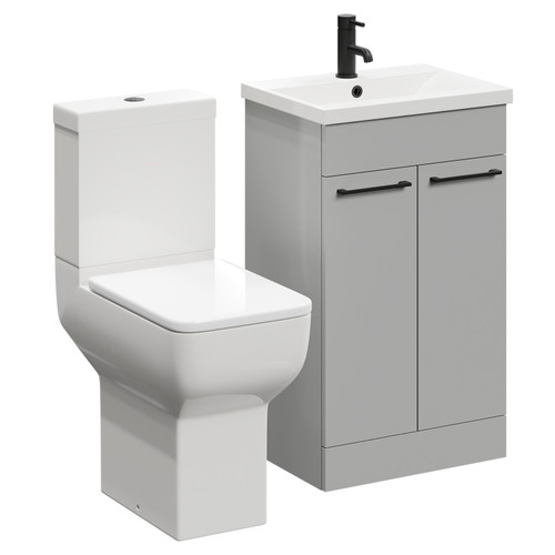 Alessio Gloss Grey Pearl 500mm Vanity Unit and Toilet Suite including Comfort Height Toilet and Floor Standing Vanity Unit with 2 Doors and Matt Black Handles Left Hand View