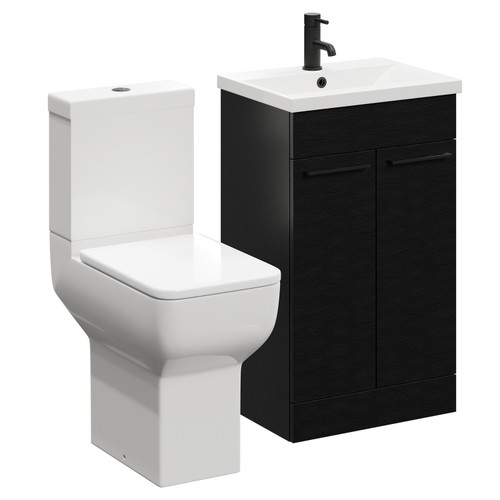 Alessio Nero Oak 500mm Vanity Unit and Toilet Suite including Comfort Height Toilet and Floor Standing Vanity Unit with 2 Doors and Matt Black Handles Left Hand View