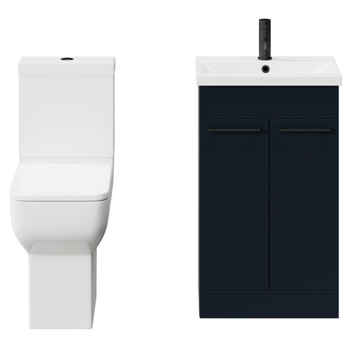 Alessio Deep Blue 500mm Vanity Unit and Toilet Suite including Comfort Height Toilet and Floor Standing Vanity Unit with 2 Doors and Matt Black Handles Front View