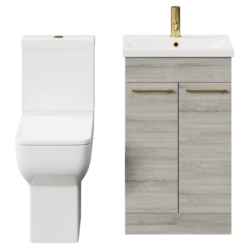 Alessio Molina Ash 500mm Vanity Unit and Toilet Suite including Comfort Height Toilet and Floor Standing Vanity Unit with 2 Doors and Brushed Brass Handles Front View