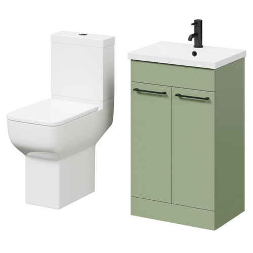 Alessio Olive Green 500mm Vanity Unit and Toilet Suite including Comfort Height Toilet and Floor Standing Vanity Unit with 2 Doors and Matt Black Handles Right Hand View