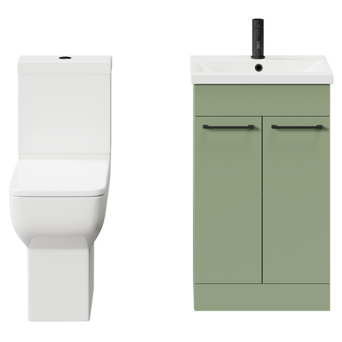 Alessio Olive Green 500mm Vanity Unit and Toilet Suite including Comfort Height Toilet and Floor Standing Vanity Unit with 2 Doors and Matt Black Handles Front View