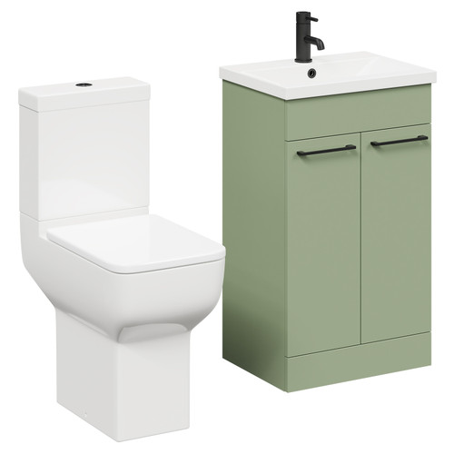 Alessio Olive Green 500mm Vanity Unit and Toilet Suite including Comfort Height Toilet and Floor Standing Vanity Unit with 2 Doors and Matt Black Handles Left Hand View