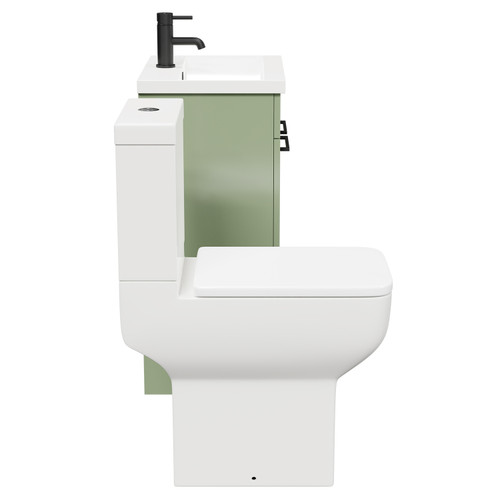 Alessio Olive Green 500mm Vanity Unit and Toilet Suite including Comfort Height Toilet and Floor Standing Vanity Unit with 2 Doors and Matt Black Handles Side View
