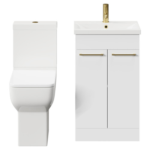 Alessio Gloss White 500mm Vanity Unit and Toilet Suite including Comfort Height Toilet and Floor Standing Vanity Unit with 2 Doors and Brushed Brass Handles Front View