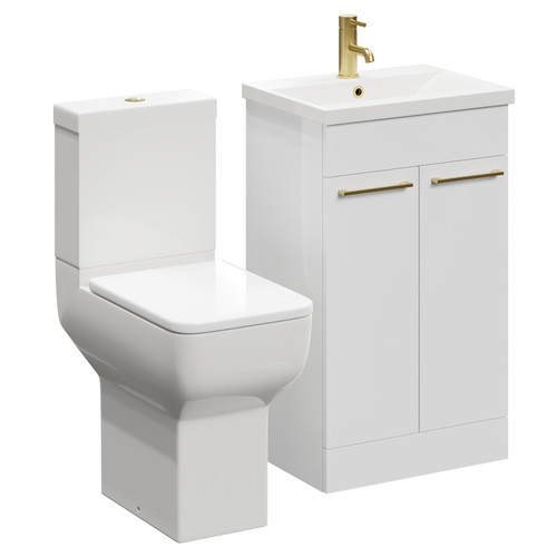 Alessio Gloss White 500mm Vanity Unit and Toilet Suite including Comfort Height Toilet and Floor Standing Vanity Unit with 2 Doors and Brushed Brass Handles Left Hand View