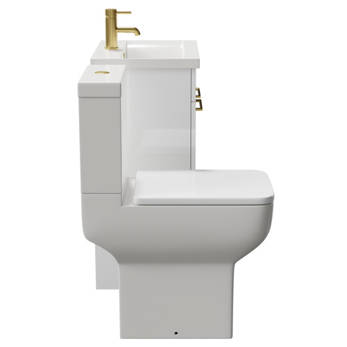 Alessio Gloss White 500mm Vanity Unit and Toilet Suite including Comfort Height Toilet and Floor Standing Vanity Unit with 2 Doors and Brushed Brass Handles Side View