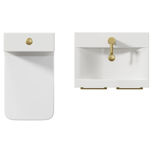 Alessio Gloss White 500mm Vanity Unit and Toilet Suite including Comfort Height Toilet and Floor Standing Vanity Unit with 2 Doors and Brushed Brass Handles Top View