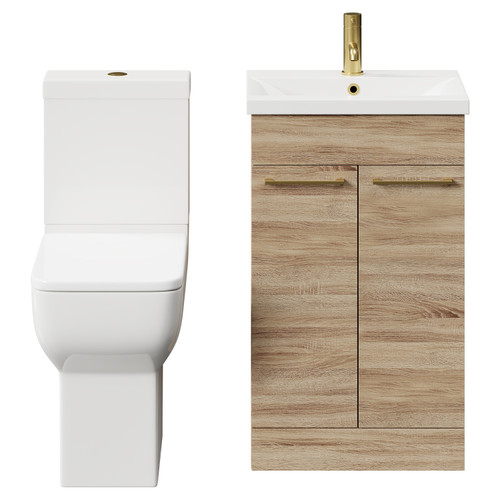 Alessio Bordalino Oak 500mm Vanity Unit and Toilet Suite including Comfort Height Toilet and Floor Standing Vanity Unit with 2 Doors and Brushed Brass Handles Front View