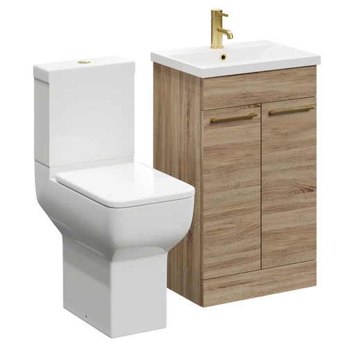 Alessio Bordalino Oak 500mm Vanity Unit and Toilet Suite including Comfort Height Toilet and Floor Standing Vanity Unit with 2 Doors and Brushed Brass Handles Left Hand View