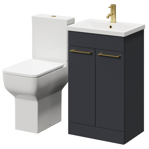 Alessio Gloss Grey 500mm Vanity Unit and Toilet Suite including Comfort Height Toilet and Floor Standing Vanity Unit with 2 Doors and Brushed Brass Handles Right Hand View