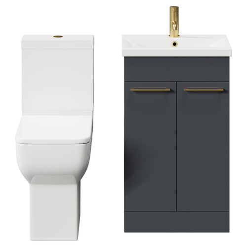 Alessio Gloss Grey 500mm Vanity Unit and Toilet Suite including Comfort Height Toilet and Floor Standing Vanity Unit with 2 Doors and Brushed Brass Handles Front View