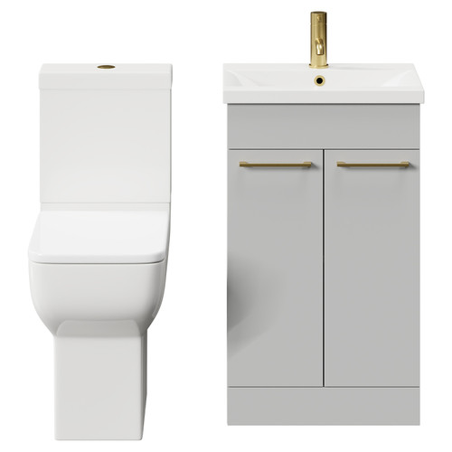 Alessio Gloss Grey Pearl 500mm Vanity Unit and Toilet Suite including Comfort Height Toilet and Floor Standing Vanity Unit with 2 Doors and Brushed Brass Handles Front View