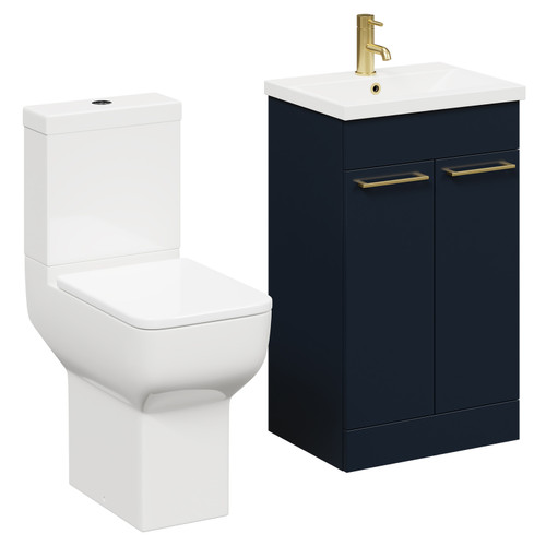 Alessio Deep Blue 500mm Vanity Unit and Toilet Suite including Comfort Height Toilet and Floor Standing Vanity Unit with 2 Doors and Brushed Brass Handles Left Hand View