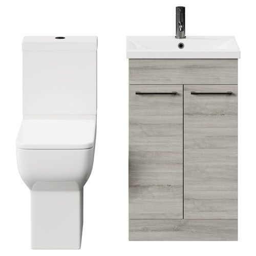 Alessio Molina Ash 500mm Vanity Unit and Toilet Suite including Comfort Height Toilet and Floor Standing Vanity Unit with 2 Doors and Gunmetal Grey Handles Front View