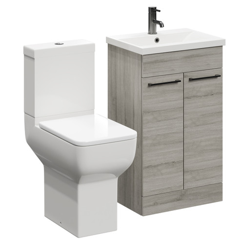 Alessio Molina Ash 500mm Vanity Unit and Toilet Suite including Comfort Height Toilet and Floor Standing Vanity Unit with 2 Doors and Gunmetal Grey Handles Left Hand View