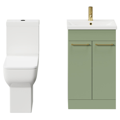 Alessio Olive Green 500mm Vanity Unit and Toilet Suite including Comfort Height Toilet and Floor Standing Vanity Unit with 2 Doors and Brushed Brass Handles Front View