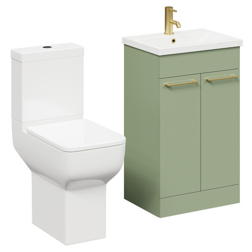 Alessio Olive Green 500mm Vanity Unit and Toilet Suite including Comfort Height Toilet and Floor Standing Vanity Unit with 2 Doors and Brushed Brass Handles Left Hand View