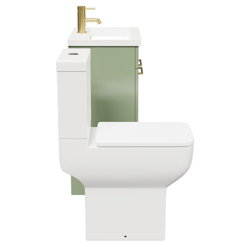 Alessio Olive Green 500mm Vanity Unit and Toilet Suite including Comfort Height Toilet and Floor Standing Vanity Unit with 2 Doors and Brushed Brass Handles Side View