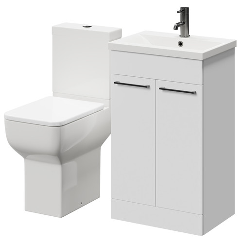 Alessio Gloss White 500mm Vanity Unit and Toilet Suite including Comfort Height Toilet and Floor Standing Vanity Unit with 2 Doors and Gunmetal Grey Handles Right Hand View