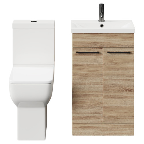 Alessio Bordalino Oak 500mm Vanity Unit and Toilet Suite including Comfort Height Toilet and Floor Standing Vanity Unit with 2 Doors and Gunmetal Grey Handles Front View