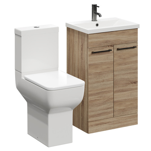 Alessio Bordalino Oak 500mm Vanity Unit and Toilet Suite including Comfort Height Toilet and Floor Standing Vanity Unit with 2 Doors and Gunmetal Grey Handles Left Hand View