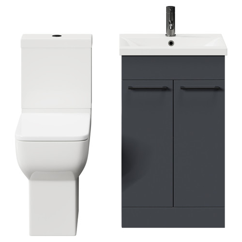 Alessio Gloss Grey 500mm Vanity Unit and Toilet Suite including Comfort Height Toilet and Floor Standing Vanity Unit with 2 Doors and Gunmetal Grey Handles Front View