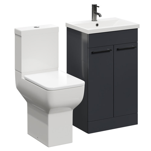 Alessio Gloss Grey 500mm Vanity Unit and Toilet Suite including Comfort Height Toilet and Floor Standing Vanity Unit with 2 Doors and Gunmetal Grey Handles Left Hand View