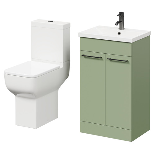 Alessio Olive Green 500mm Vanity Unit and Toilet Suite including Comfort Height Toilet and Floor Standing Vanity Unit with 2 Doors and Gunmetal Grey Handles Right Hand View