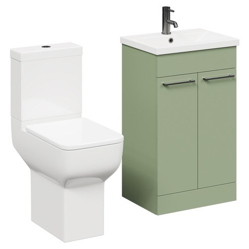 Alessio Olive Green 500mm Vanity Unit and Toilet Suite including Comfort Height Toilet and Floor Standing Vanity Unit with 2 Doors and Gunmetal Grey Handles Left Hand View