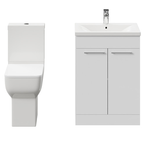 Alessio Gloss White 600mm Vanity Unit and Toilet Suite including Comfort Height Toilet and Floor Standing Vanity Unit with 2 Doors and Polished Chrome Handles Front View