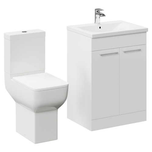 Alessio Gloss White 600mm Vanity Unit and Toilet Suite including Comfort Height Toilet and Floor Standing Vanity Unit with 2 Doors and Polished Chrome Handles Left Hand View