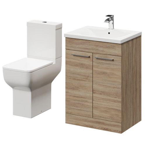 Alessio Bordalino Oak 600mm Vanity Unit and Toilet Suite including Comfort Height Toilet and Floor Standing Vanity Unit with 2 Doors and Polished Chrome Handles Right Hand View