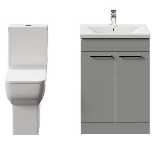 Alessio Gloss Grey Pearl 600mm Vanity Unit and Toilet Suite including Comfort Height Toilet and Floor Standing Vanity Unit with 2 Doors and Polished Chrome Handles Front View