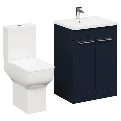 Alessio Deep Blue 600mm Vanity Unit and Toilet Suite including Comfort Height Toilet and Floor Standing Vanity Unit with 2 Doors and Polished Chrome Handles Left Hand View