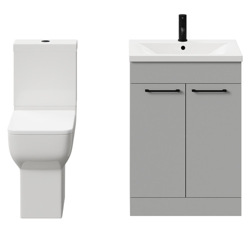 Alessio Gloss Grey Pearl 600mm Vanity Unit and Toilet Suite including Comfort Height Toilet and Floor Standing Vanity Unit with 2 Doors and Matt Black Handles Front View