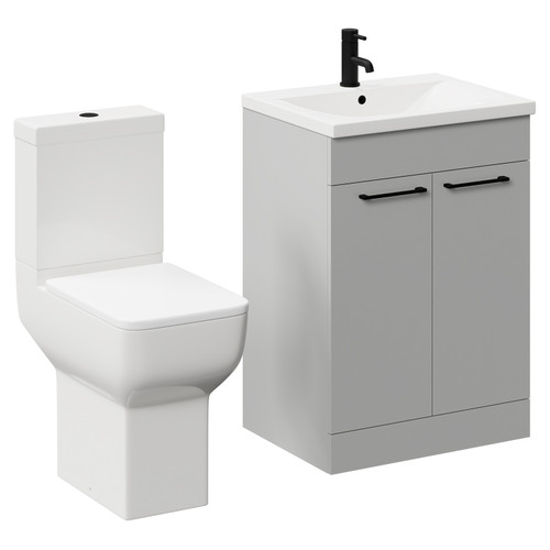 Alessio Gloss Grey Pearl 600mm Vanity Unit and Toilet Suite including Comfort Height Toilet and Floor Standing Vanity Unit with 2 Doors and Matt Black Handles Left Hand View